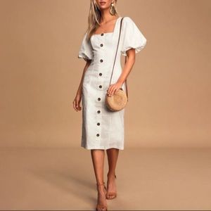 Lulu’s Song of Spring White Puff Sleeve Tortoise Button-Front Midi Dress
